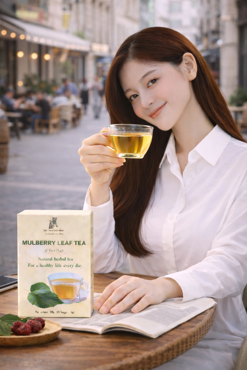 Ảnh đã tạo: Cô gái thưởng thức trà lá dâu tằm