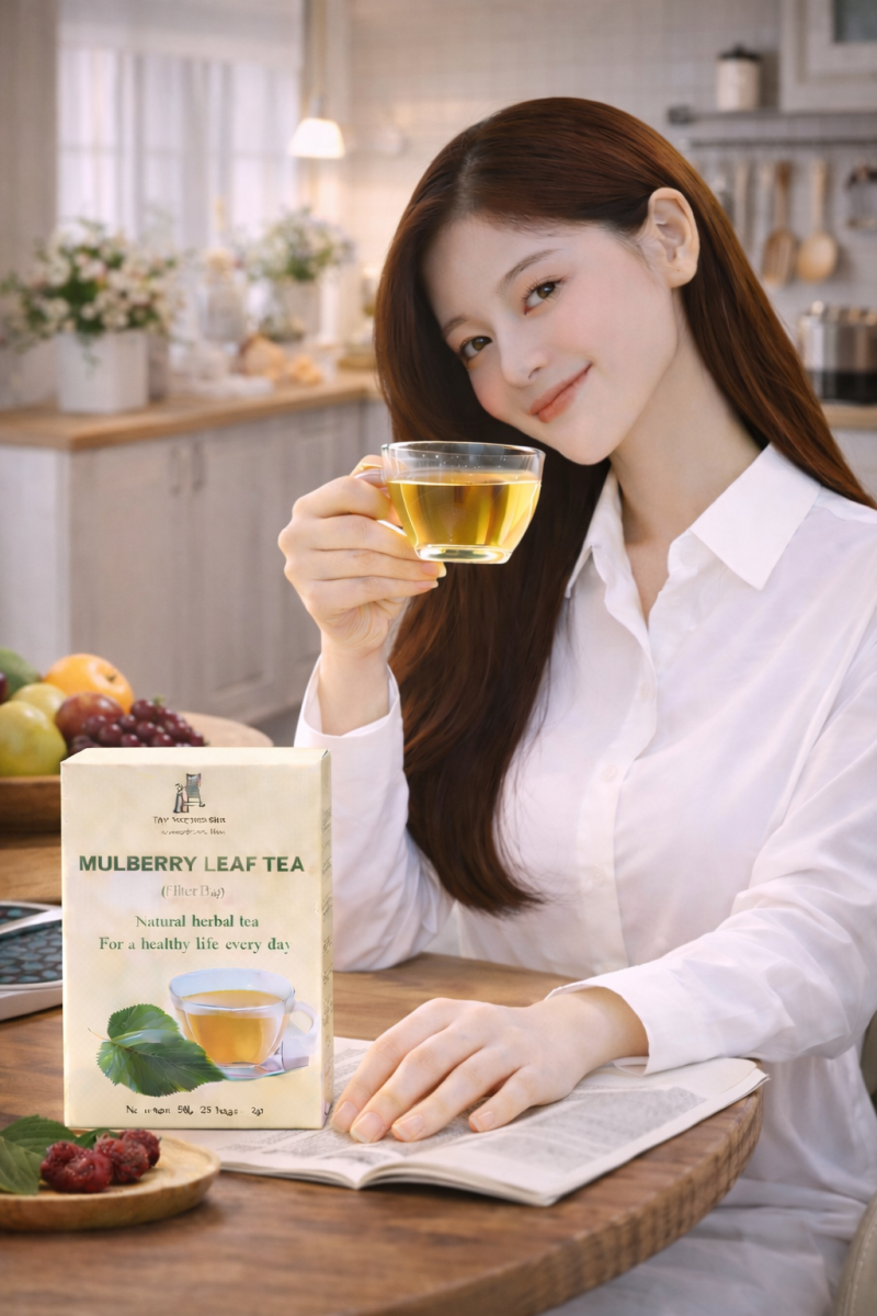 Ảnh đã tạo: Nữ du khách thưởng trà trong bếp
